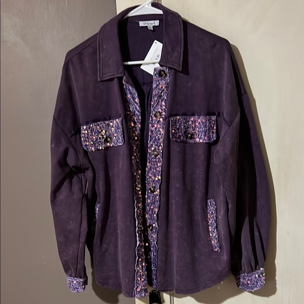 Chico's Purple Suede Jacket with Embellished Trim